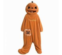 Couple Halloween Pajama One Piece Footed Loungewear Costume With Embroidered Front And Applique Suitable for couples home relaxation seasonal wear, Orange, Pumpkin, XL/XXL