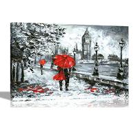 Couple Holding Red Umbrella in London Canvas Prints Framed Pictures for Livingroom Artwork Modern Love Hanging Wall Art Deco 40 x 30cm (16 x 12 inches) A3