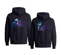 Couple Hoodie King Queen Pullover for Couple Valentine's Day Partner Gift His Her Hooded Sweater 1 Piece (Sky-BK-QUEEN, L)