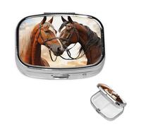 Couple Horse Pill Box 2 Compartment Pill Case for Purse & Pocket Cute Pill Organizer with Mirror Portable Travel Pillbox Metal Square Medicine Organizer Unique Gift