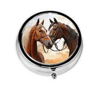 Couple Horse Print Pill Box 3 Compartments Round Pill Organizer Metal Waterproof Portable Pill Case for Pocket or Purse Vitamin/Fish Oil/Pills/Supplements