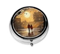 Couple in Love Walking Print Pill Box 3 Compartments Round Pill Organizer Metal Waterproof Portable Pill Case for Pocket or Purse Vitamin/Fish Oil/Pills/Supplements