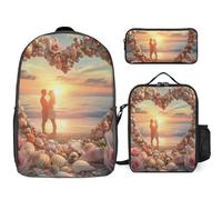 Couple Love Beach 3 Pieces Set Laptop Backpack Casual Daypack with Lunch Box Pencil Case for Travel