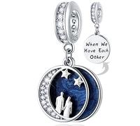 Couple Lover Under Night Sky Crescent Moon Stars Charms, fits Pandora Valentines Day Bracelet, 925 Sterling Silver Blue Enamel Pendant Beads, GIfts for Wife/Girlfriend/Boyfriend