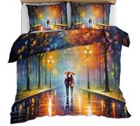 Couple on a Rainy Night Bedding Romantic Oil Painting Duvet Cover Set with 1 Pillow Shams 3 Piece Single Size Walking in the Woods Bed Sets for Teens Kids Boys and Girls (135×200cm)