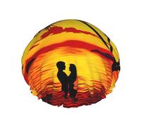 Couple On Beach Sunset Shower Caps For Women, Elastic And Reusable Bath Caps, Double Waterproof Layers Shower Cap, Bathing Shower Caps