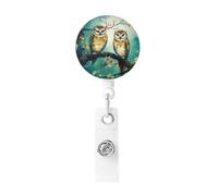 Couple Owl Perch Tree Badge Reel Retractable Badge Holder with Keychain Id Clips for Badges Lightweight Plastic Name Card Holders for Nurses Office Teacher