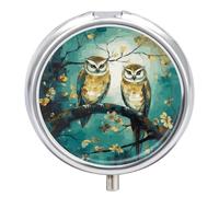 Couple Owl Perch Tree Pill Box Round Portable Small Pill Case Waterproof Travel Pill Box Organizer for Pocket Purse and Daily Convenience