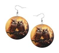Couple Owl Perch Tree Prints Leather Round Earrings Pendant Stylish And Light Lightweight Dangle For Women Girls, One Size, Leather, No Gemstone
