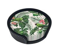 Couple Parrots Olive Coasters For Drinks, 6 Pcs Leather Coaster With Holder, Round Cup Mat Pad Set For Home Office Table Decoration