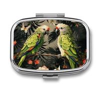 Couple Parrots Olive Pill Box 2 Compartment, Portable Pill Case with Mirror for Pocket Purse Travel, Mini Metal Medicine Organizer for Vitamins Fish Oil