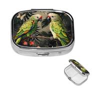 Couple Parrots Olive Pill Box 2 Compartment Round Metal Pill Case for Purse & Pocket, Portable Medicine Organizer Travel Pillbox Daily Pill Container Holder to Hold Vitamins, Fish Oil