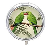 Couple Parrots Olive Round Pill Box Cute Small Fish Oil Cases Portable 3 Compartment Pill Boxes Round Pill Case with Mirror for Vitamins Medication Supplements Gift