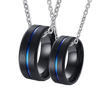Couple Pendant, 8MM Stainless Steel Black Blue Brushed with Groove Pendants 2PCS Him and Her Necklaces