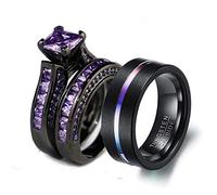 Couple Ring Bridal Sets His And Hers Women Black Gold Filled Square Violet CZ Men Tungsten Carbide Band Wedding Ring Band Set, women's size 8 & men's size 13, Paper, Cubic Zirconia
