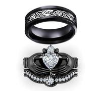 Couple Rings Bridal Set His Hers Black Claddagh Ring Heart Shape Rhinestone Stacking Irish Ring Stainless Steel Wedding Ring Band, women's size 6 & men s size 10, Paper, agate