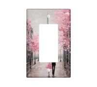 Couple Single Rocker Light Switch Cover, Romantic Impressionist Paris Tower Cherries Blossoms Spring Peach Plastic Standard Size Decorative Wall Plates for New Apartment Home Bedroom Office Decor