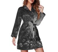 Couple Skeletons on The Tree Evil Skull Lovers Horror Women's Bathrobe Long Sleeve Short Robes Soft Pajama Knee Length Loungewear XL