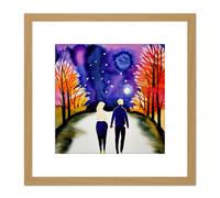 Couple Walking in Moonlight in Autumn Modern Watercolour Illustration Square Wooden Framed Wall Art Print Picture 8X8 Inch Artery8 Light Oak One Size
