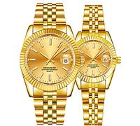 Couple Watches Fashion Silver Stainless Steel Pair Watches Men and Women Matching Quartz Wrist Watches Gifts Set of 2, Luxury/gold, Fashion