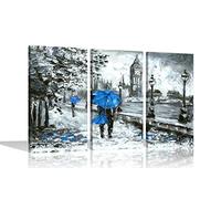 Couple With Blue Umbrella in London Canvas Prints Modern Romantic Pictures For Home Office Livingroom Framed 3 Piece Artwork XL 76x40cm x 3 (30x16"x3)