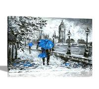 Couple With Blue Umbrella in London Canvas Wall Art Pictures on Framed Artwork Modern Art Decor Framed Romantic Prints Living Room 40 x 30cm (16 x 12 inches) A3