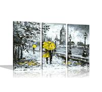 Couple With Yellow Umbrella in London Canvas Prints Modern Romantic Pictures For Home Office Livingroom Framed 3 Piece Artwork 61x30cm x 3 (24x12"x3)