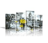 Couple With Yellow Umbrella in London Framed Canvas Wall Prints Modern Art Romantic Pictures 4 Piece Decor for Gift Office Livingroom Flat 170cm x 101cm (67x40")