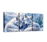 Couple Wolf Canvas Wall Artwork Decor,Winter Snowy Mountain Wall Painting for Boys Girls,Wild Hunt Animal Adventure Rustic Down Comforter,Blue White 3 Pieces Framed Canvas Wall Art