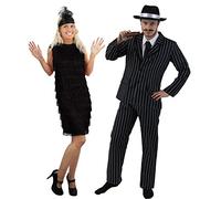 COUPLES 1920's GANGSTER & FLAPPER GIRL FANCY DRESS COSTUME - PINSTRIPE GANGSTER SUIT + BLACK TRILBY HAT | LADIES BLACK FRINGE FLAPPER DRESS WITH FEATHER HEADBAND BY ILOVEFANCYDRESS® (MENS: XL + LADIES: XXL)