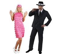 COUPLES 1920's GANGSTER & FLAPPER GIRL FANCY DRESS COSTUME - PINSTRIPE GANGSTER SUIT + BLACK TRILBY HAT | LADIES PINK FRINGE FLAPPER DRESS WITH FEATHER HEADBAND BY ILOVEFANCYDRESS® (MENS: XXL + LADIES: M)