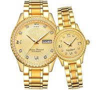 Couples Automatic Self-Wind Watches Calendar Date Luxury Stainless Steel Men and Women Pair Watches His and Hers Automatic Watch Gifts Set of 2, Gold,