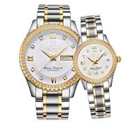 Couples Automatic Self-Wind Watches Calendar Date Luxury Stainless Steel Men and Women Pair Watches His and Hers Automatic Watch Gifts Set of 2, Two tone white,