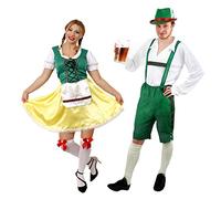Couples Bavarian Costume - Beer Man Green Lederhosen with traditional White shirt and Hat - Coordinating Ladies Bavarian Beer Girl with Stockings Fancy Dress - Mens Large & Womens XL