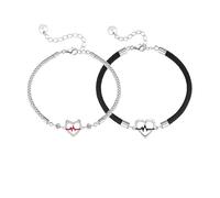 Couples Bracelets For Him And Her,2Pcs Black & Red Heartbeat Promise Love Bracelet Permanent Couples Gifts For Him And Her Adjustable Anniversary Jewelry Gift (Silver, Heart)