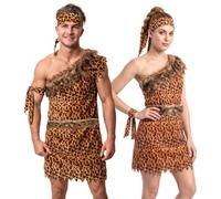 Couples Caveman Costume - Leopard Print Tunics, Belts, Headbands, Armbands and Inflatable Clubs - Mens Ladies Adults Funny Historical Halloween World Back Fancy Dress Costume