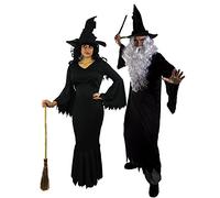 COUPLES COSTUMES EVIL WICKED WITCH & DARK WIZARD COUPLES HALLOWEEN FANCY DRESS - MENS LONG BLACK WIZARDS ROBE + WHITE WIG & BEARD + CROOKED HAT + BRANCH WAND - LADIES: LONG BLACK WITCHES DRESS + CROOKED HAT + BRANCH WAND BY ILOVEFANCYDRESS® (MENS: XLARGE - LADIES: XLARGE)