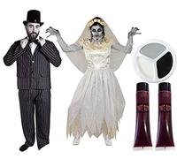 COUPLES DEAD BRIDE & GROOM HALLOWEEN FANCY DRESS COSTUME - MENS PINSTRIPE SUIT WITH TOP HAT & BOWTIE + LADIES WHITE WEDDING DRESS + MATCHING VEIL WITH FAKE BLOOD AND FACEPAINT BY ILOVEFANCYDRESS® - ZOMBIE WEDDING MEN & LADIES OUTFITS - MENS SIZE: MEDIUM, LADIES' SIZE: XLARGE