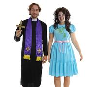 Couples Exorcist and Possessed Girl Halloween Fancy Dress Costume - Priest Robe, Scarf and Black Hat & Brown Wig, Dress, Face Paint and Fake Blood (XX-Large + X-Large)