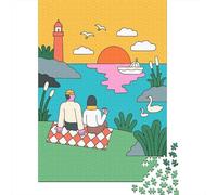 Couple's Lakeside Picnic at Sunset Illustration 1000 Piece Jigsaw Puzzle, Mountain Lake Town View, Weekend Hobby, Premium Paper Puzzle, Travel Gift for Puzzle Lovers, 70x50cm/1000pcs
