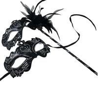 COUPLES MASKS SPARKLING BLACK AND SILVER RIALTO VENETIAN MASQUERADE CARNIVAL PARTY EYE MASK HAND HELD ON A WOODEN STICK