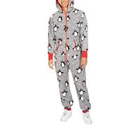 Couples Matching Christmas Pajamas Hoodie Fleece Onesie Women Men's Long Sleeve Printed Suit Full Zipper Jumpsuits with Pockets (Gray Penguin Men, L)
