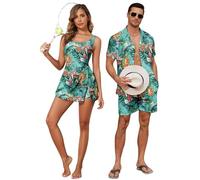 Couples Matching Hawaiian Outfits Beach Vacation Tropical Print Swimsuit Women One Piece Swimwear or Men Shirt Suit-W