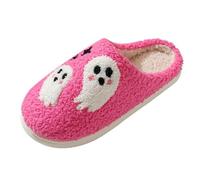 Couples, men, women, Halloween slip-on shoes with plush lining, flat slippers for winter, round toe, warming cartoon prints, comfortable home pedal, Hot Pink, 12 UK