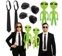 Couples Secret Agent Halloween Costume Accessory Set with 2 Black Ties, 2 Aviator Glasses and 2 Inflatable Aliens - Funny Fancy Dress Outfit for Adults