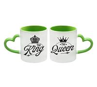 Couples Theme Coffee Mug Set The King The Queen Valentines Day, Birthday, Wedding, Anniversary, Him-Her Unique Ceramic Heart Handle Coffee Mug. (Green)