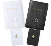 Couples Travel Set 2 Pack, Mr Mrs Passport Holder & Luggage Tags in Classic White Black, Leather Matching Travel Accessories with RFID Protection