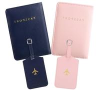 Couples Travel Set 2 PCS, Mr Mrs Passport Cover & Luggage Tags in Pink Blue, Matching Leather Travel Wallets Gift for Him & Her with RFID Blocking