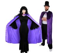 COUPLES VAMPIRE & VAMPIRESS HALLOWEEN FANCY DRESS COSTUME SET - LADIES LONG BLACK DRESS & HOODED VELOUR CAPE TOP HAT & PURPLE CAPE | 2 VAMPIRE FANGS, FACEPAINT, FAKE BLOOD - XS