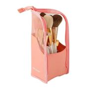 couragejoy Travel Make-up Brush Holder Organizer Bag，Clear Plastic&Oxford Cosmetic Zippered Case，Portable Waterproof Stand-Up Makeup Brush Pouch, pink, Leisure